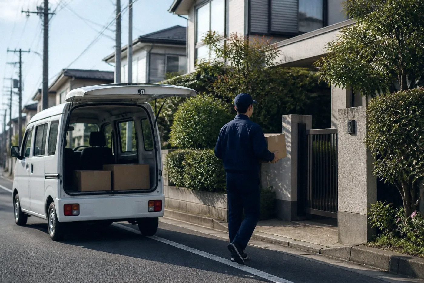 軽バンから段ボールを持って届け先の門へ向かう配達スタッフの後ろ姿（イメージ）