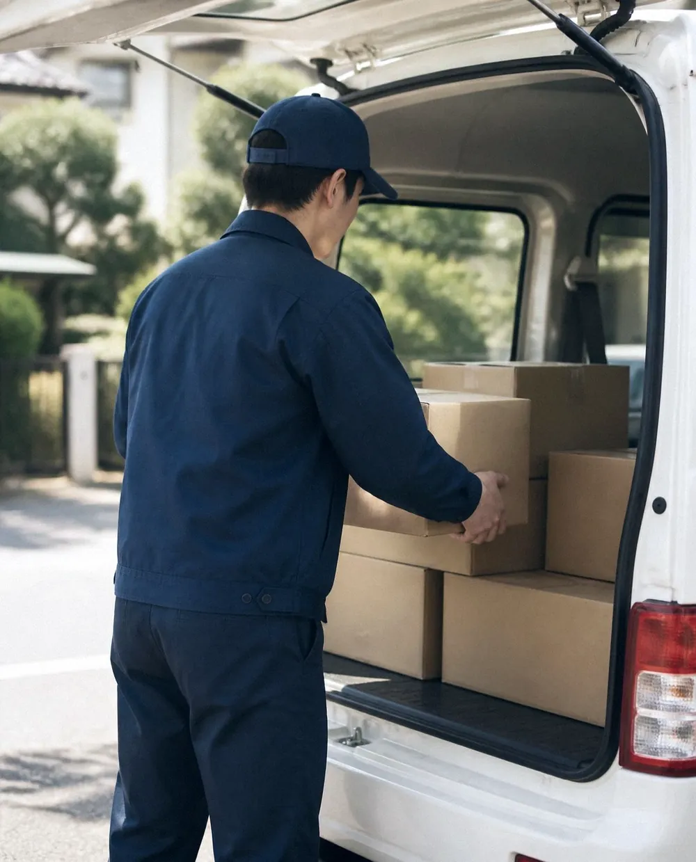 軽バンの荷室に段ボールを積み込む配達スタッフの後ろ姿（イメージ）